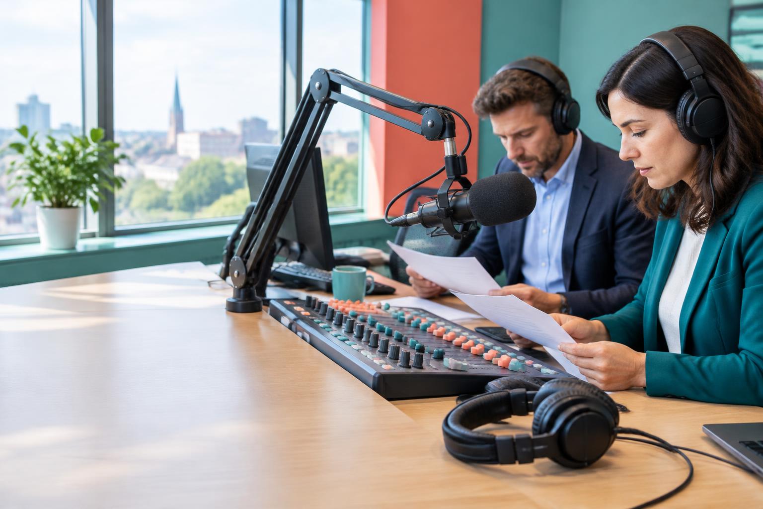 Illustrative newsroom with radio presenters reviewing scripts beside a microphone and mixing desk